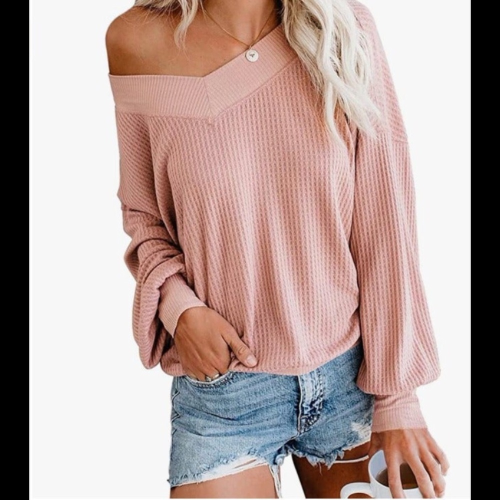 Adreamly Women's V Neck Long Sleeve Waffle Knit Top Off Shoulder Oversized Large